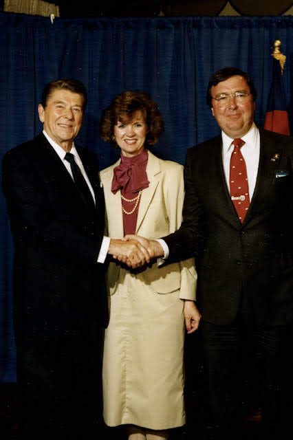 Archival photograph from the Sweeney family collection of Gerri Sweeney, President Ronald Reagan, and Bob Sweeney.